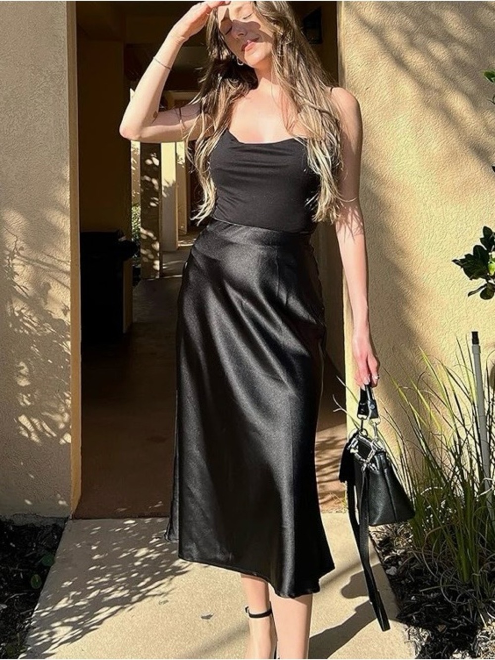 Zeagoo Black Satin High Waist Midi Skirt, Size Large, NWOT